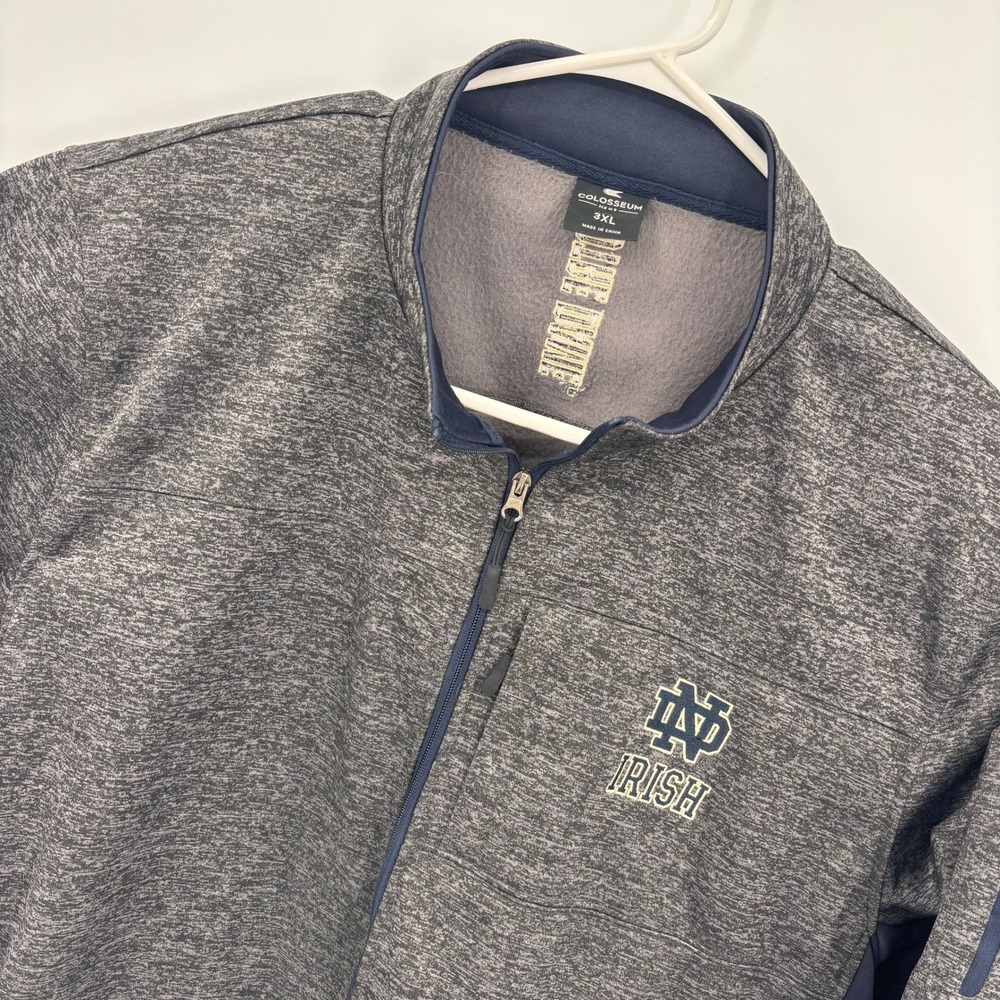 Colosseum Notre Dame Jacket Mens 3XL Gray Full Zip Fleece Embroidered Irish